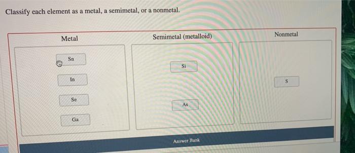 Classify each element as a metal nonmetal or semimetal