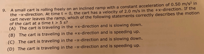 A small cart is rolling freely on an inclined ramp